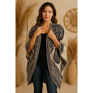 Flying Tomato Kimono Women M/L Beige Black Paisley Knit Boho Cardigan Casual
